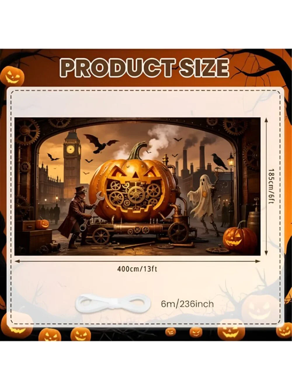 Halloween Garage Door Cover Decorations 13x6 Ft, Steampunk Mechanical Pumpkin